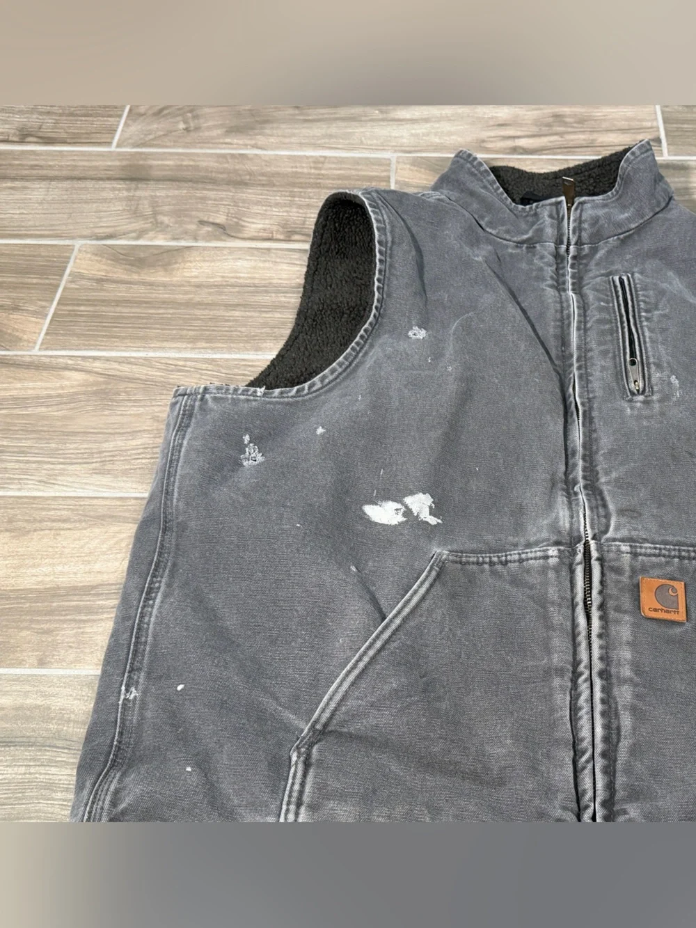 Vintage Carhartt Vest Mens XL TALL Sherpa Lined Canvas‎ Duck Work Zip Gray V33GV